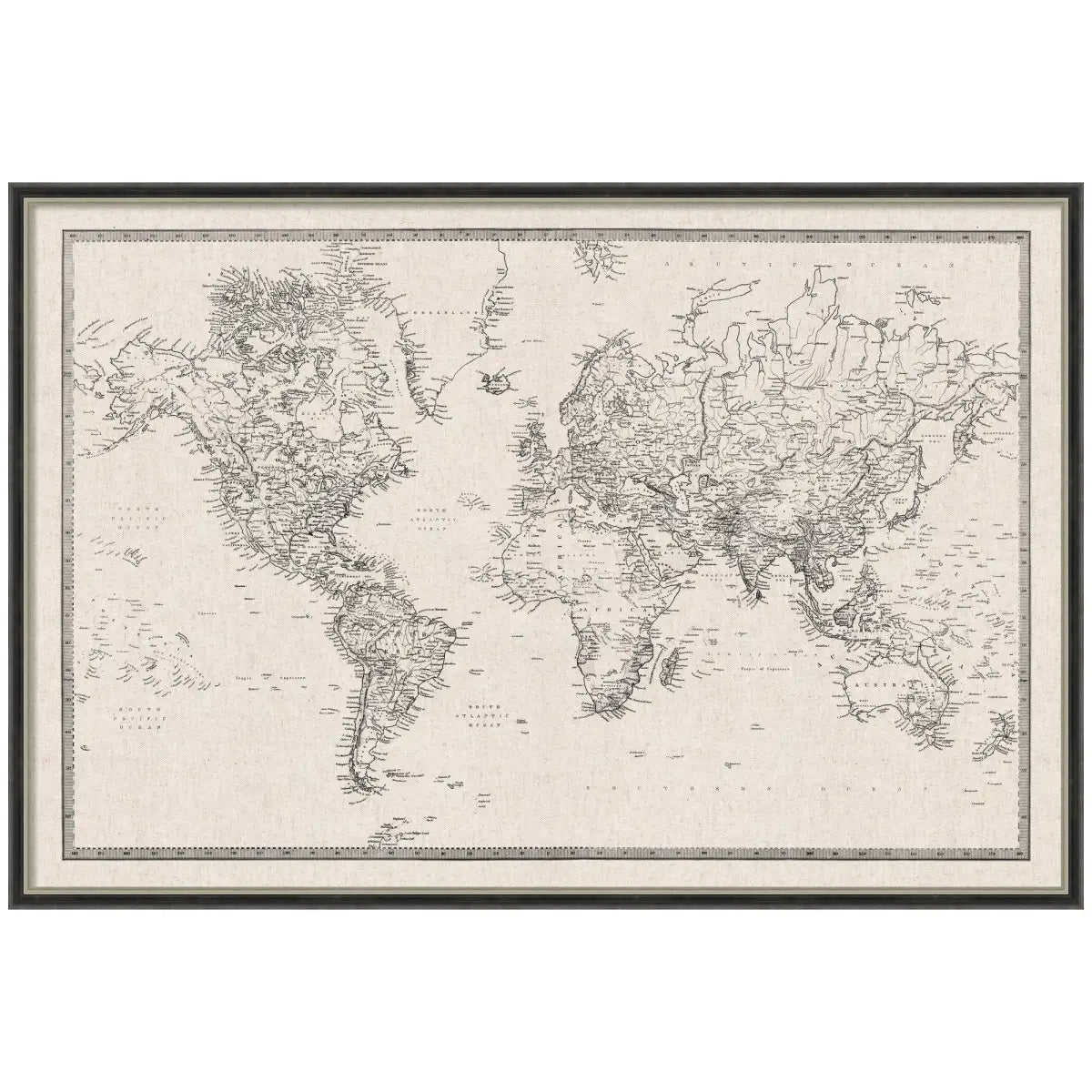 Bulletin Board - Framed Fabric Pinboard - Vintage Black and White Linen World Map - Wall Organization - Theo Black