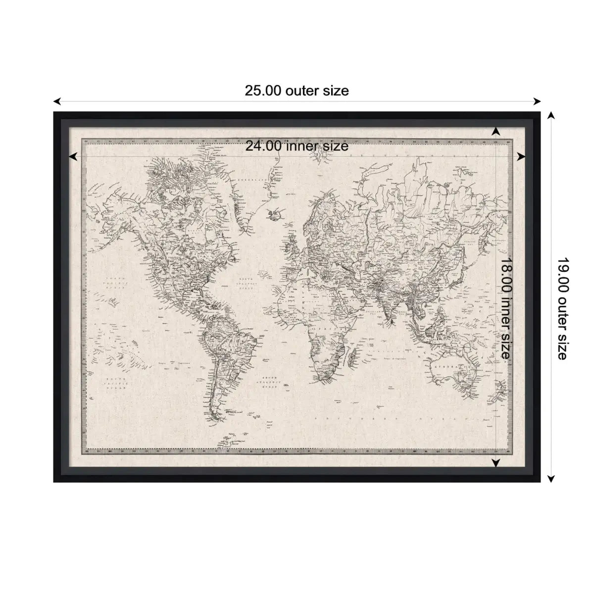 Bulletin Board - Framed Fabric Pinboard - Vintage Black and White Linen World Map - Wall Organization - kateandlaurel