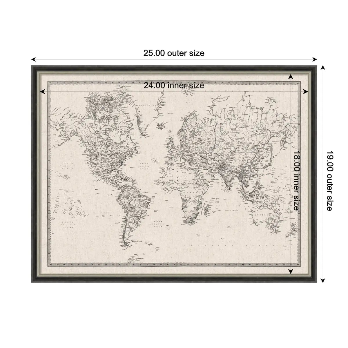 Bulletin Board - Framed Fabric Pinboard - Vintage Black and White Linen World Map - Wall Organization - kateandlaurel