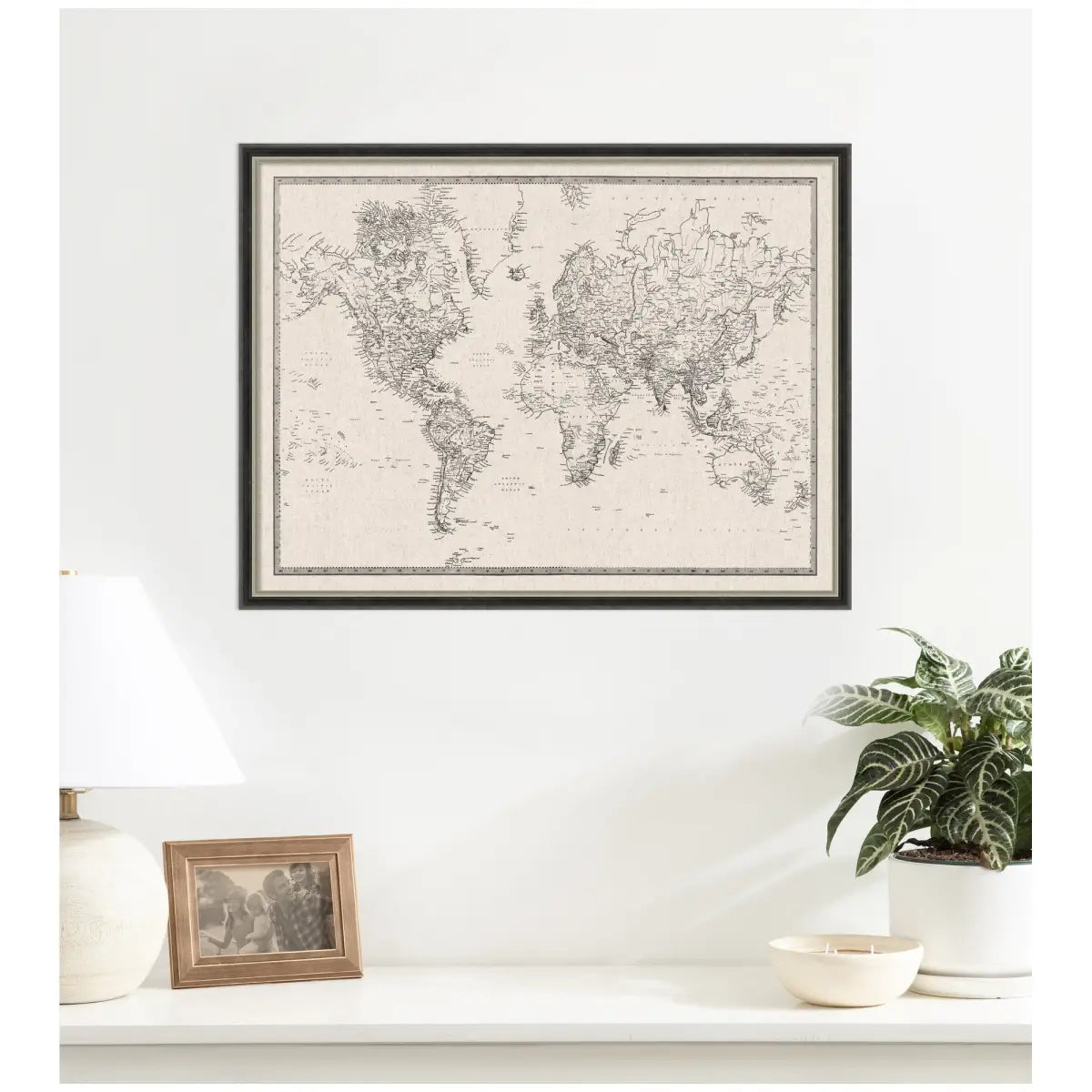 Bulletin Board - Framed Fabric Pinboard - Vintage Black and White Linen World Map - Wall Organization - kateandlaurel