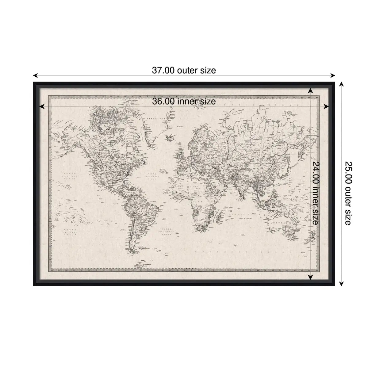 Bulletin Board - Framed Fabric Pinboard - Vintage Black and White Linen World Map - Wall Organization - kateandlaurel