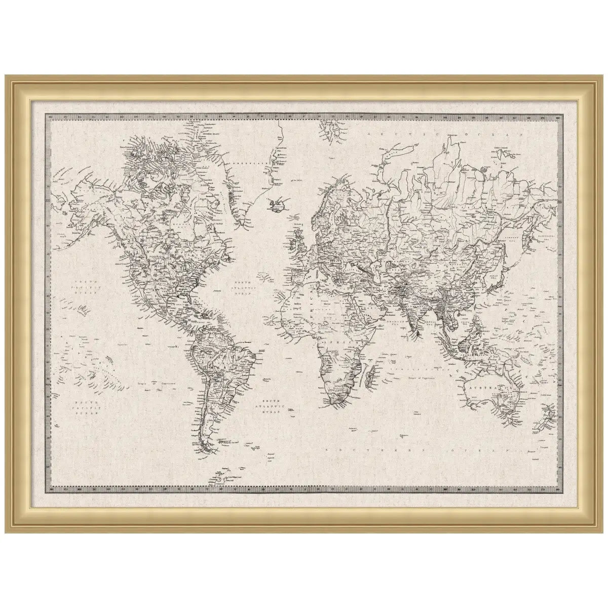 Bulletin Board - Framed Fabric Pinboard - Vintage Black and White Linen World Map - Wall Organization - Florence Gold