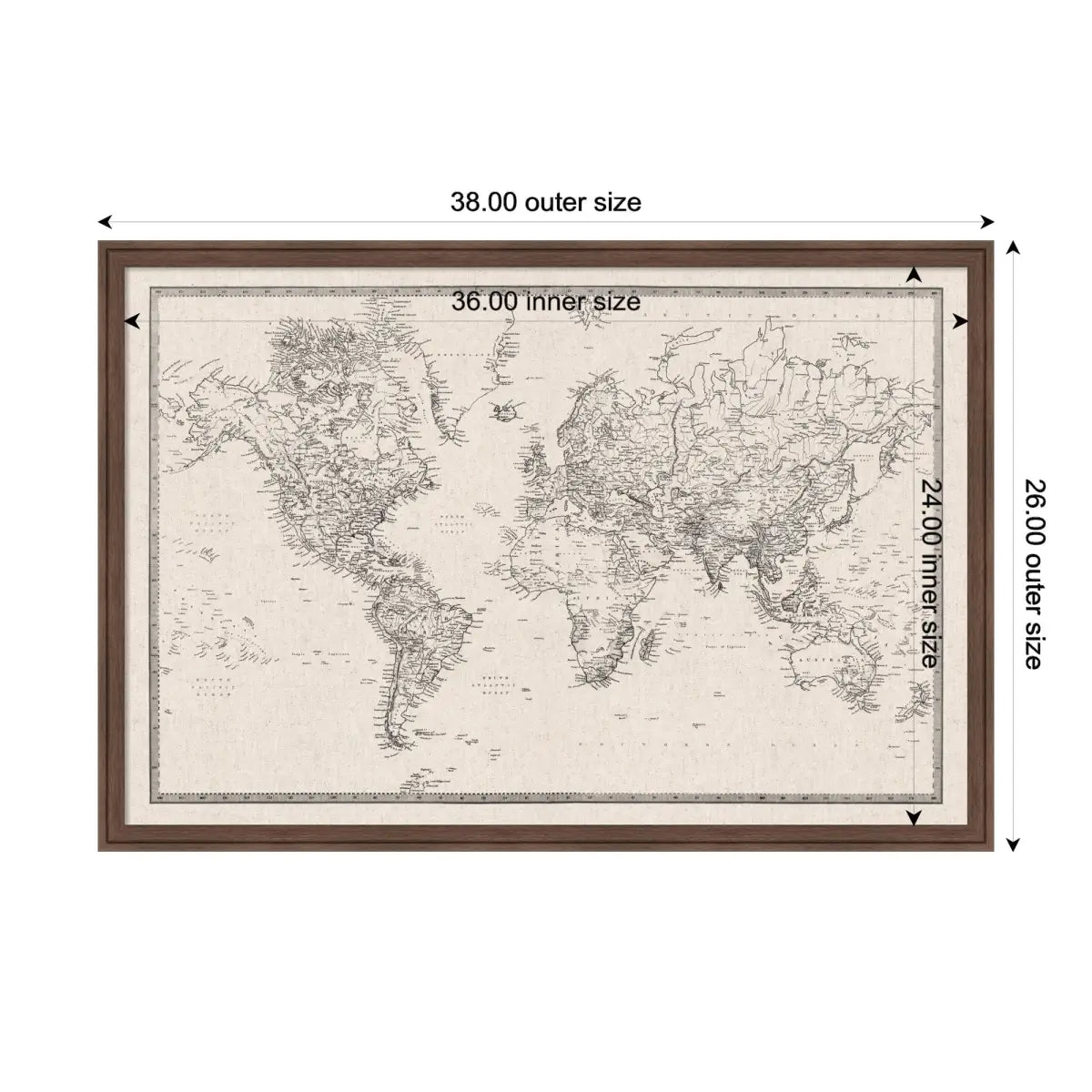 Bulletin Board - Framed Fabric Pinboard - Vintage Black and White Linen World Map - Wall Organization - kateandlaurel