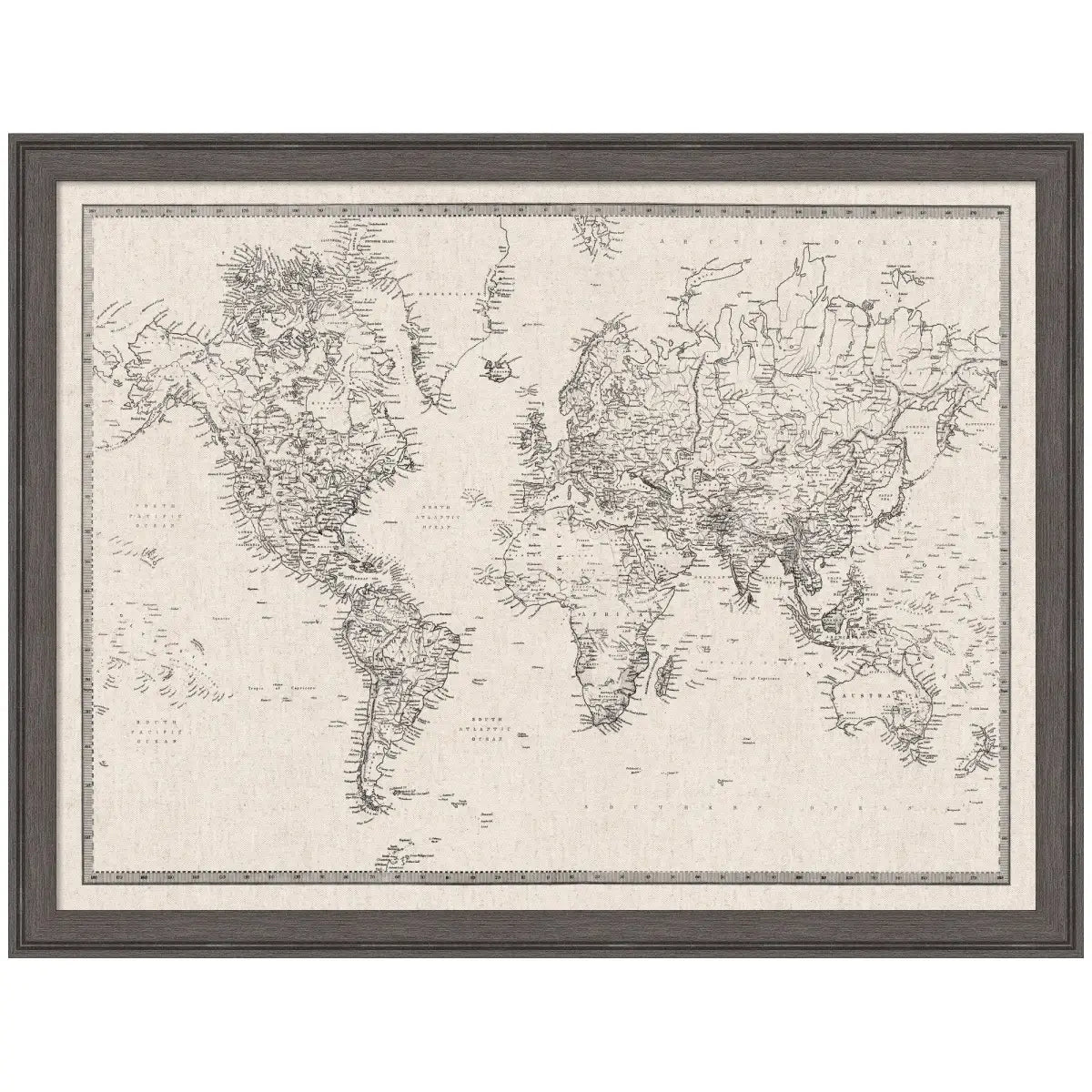 Bulletin Board - Framed Fabric Pinboard - Vintage Black and White Linen World Map - Wall Organization - Florence Pewter