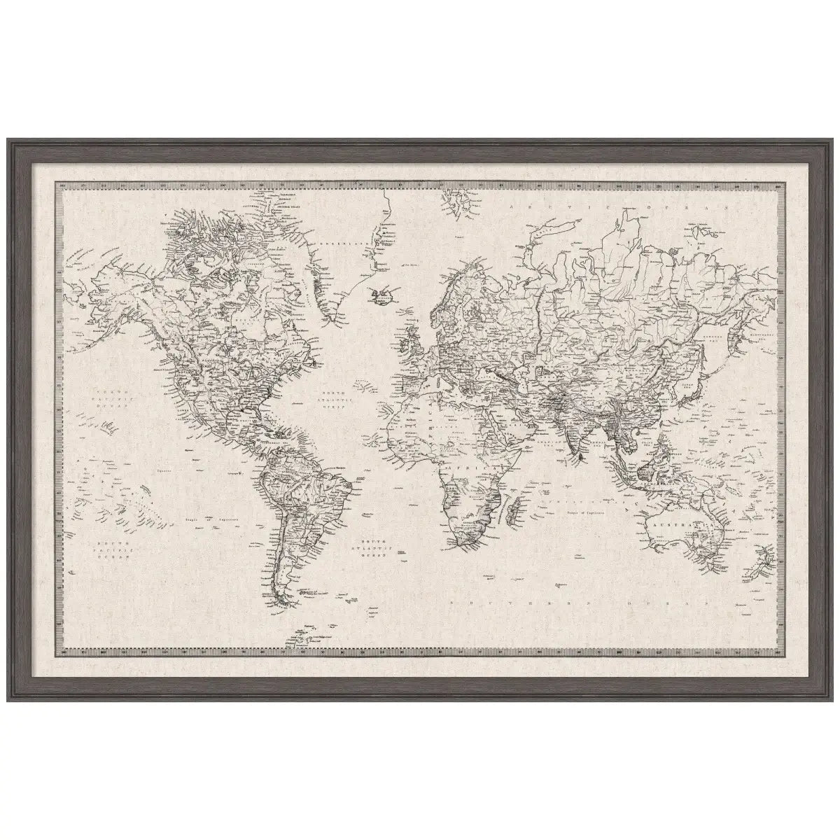 Bulletin Board - Framed Fabric Pinboard - Vintage Black and White Linen World Map - Wall Organization - Florence Pewter