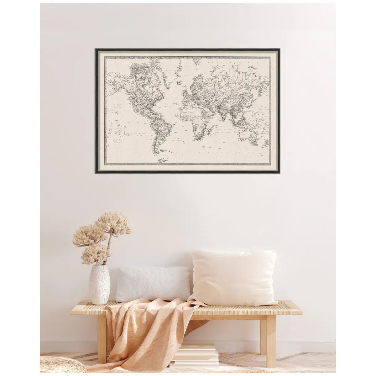 Bulletin Board - Framed Fabric Pinboard - Vintage Black and White Linen World Map - Wall Organization - kateandlaurel