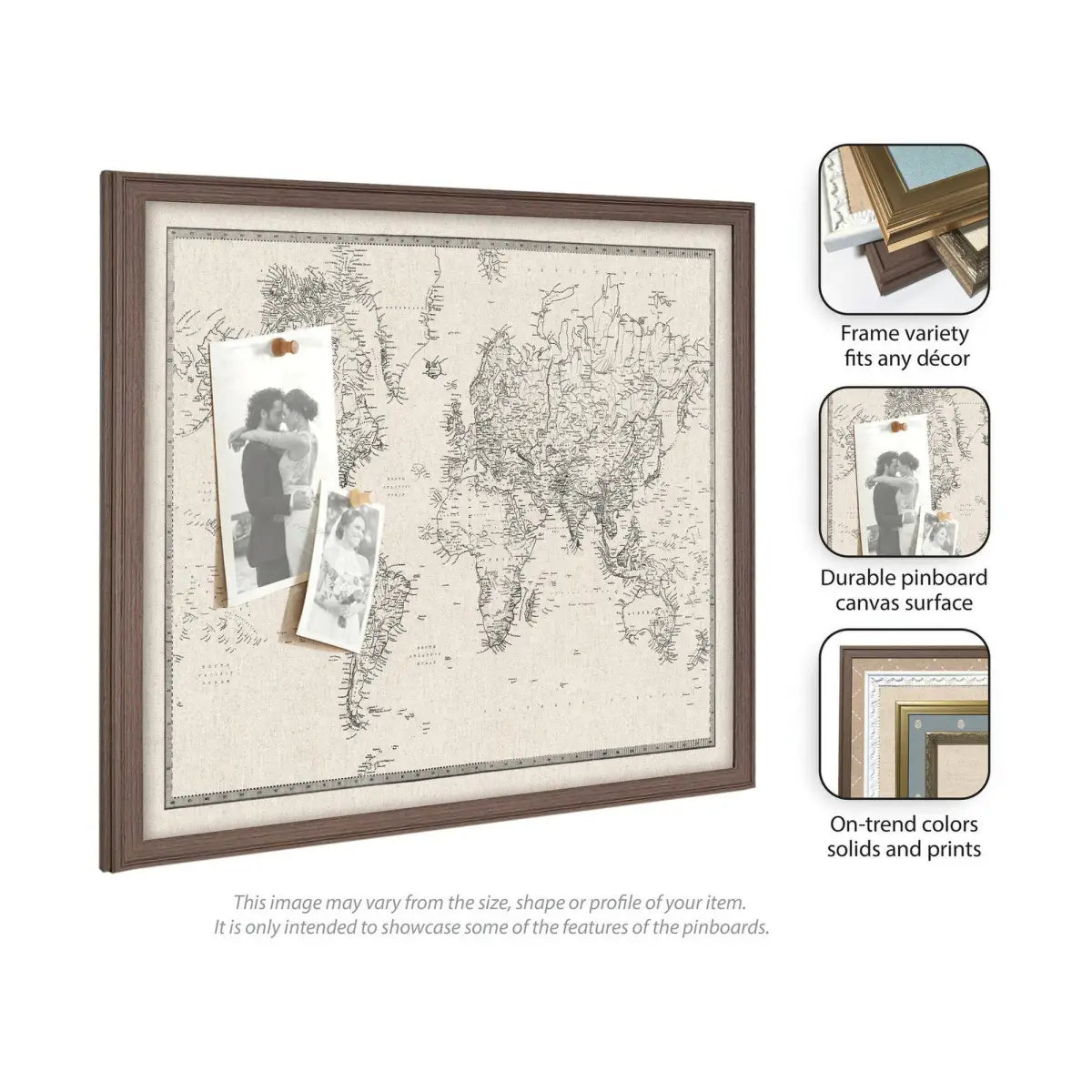 Bulletin Board - Framed Fabric Pinboard - Vintage Black and White Linen World Map - Wall Organization - kateandlaurel