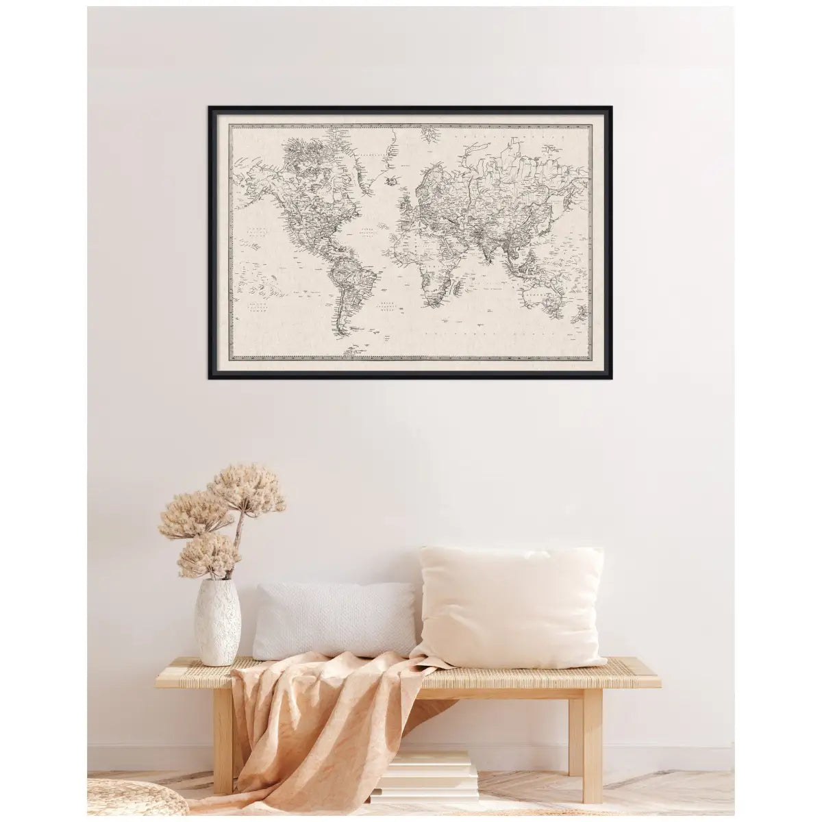Bulletin Board - Framed Fabric Pinboard - Vintage Black and White Linen World Map - Wall Organization - kateandlaurel