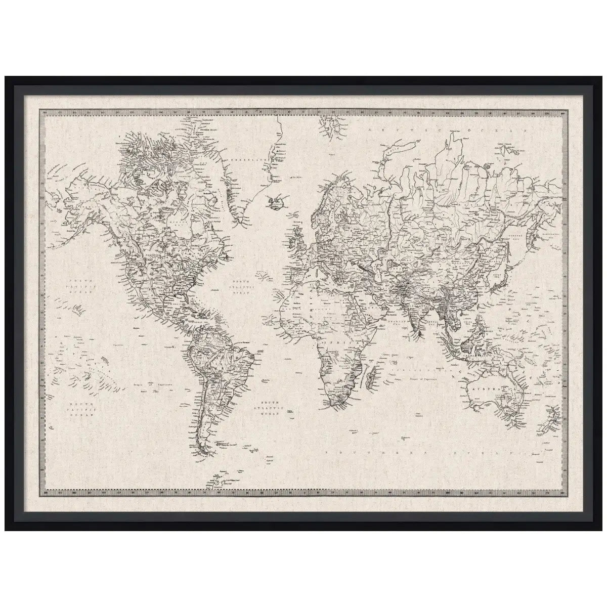 Bulletin Board - Framed Fabric Pinboard - Vintage Black and White Linen World Map - Wall Organization - Lucie Black