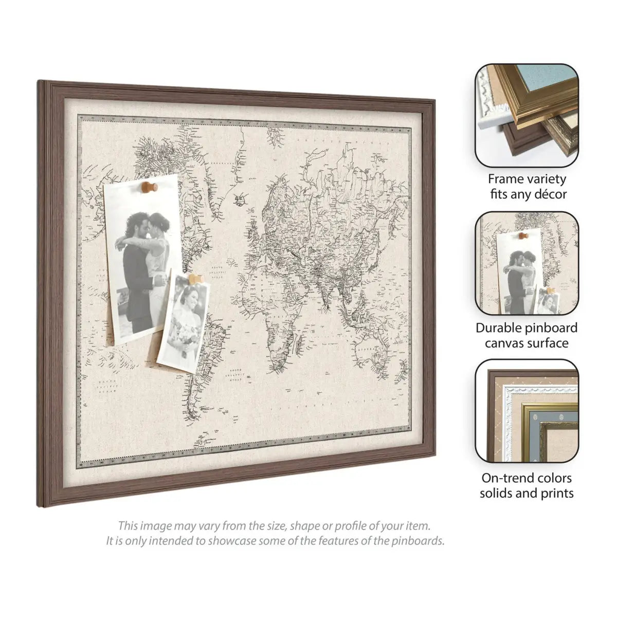 Bulletin Board - Framed Fabric Pinboard - Vintage Black and White Linen World Map - Wall Organization - kateandlaurel