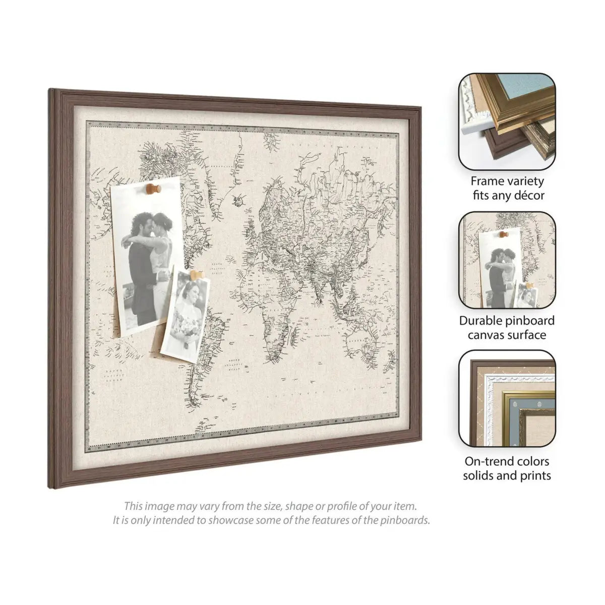 Bulletin Board - Framed Fabric Pinboard - Vintage Black and White Linen World Map - Wall Organization - kateandlaurel