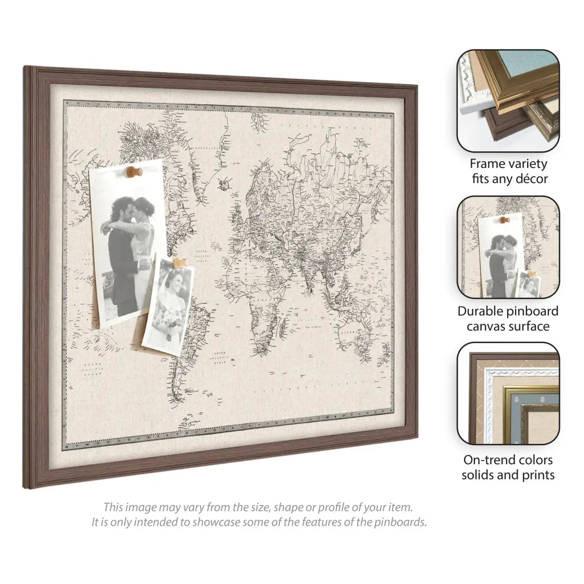 Bulletin Board - Framed Fabric Pinboard - Vintage Black and White Linen World Map - Wall Organization - kateandlaurel