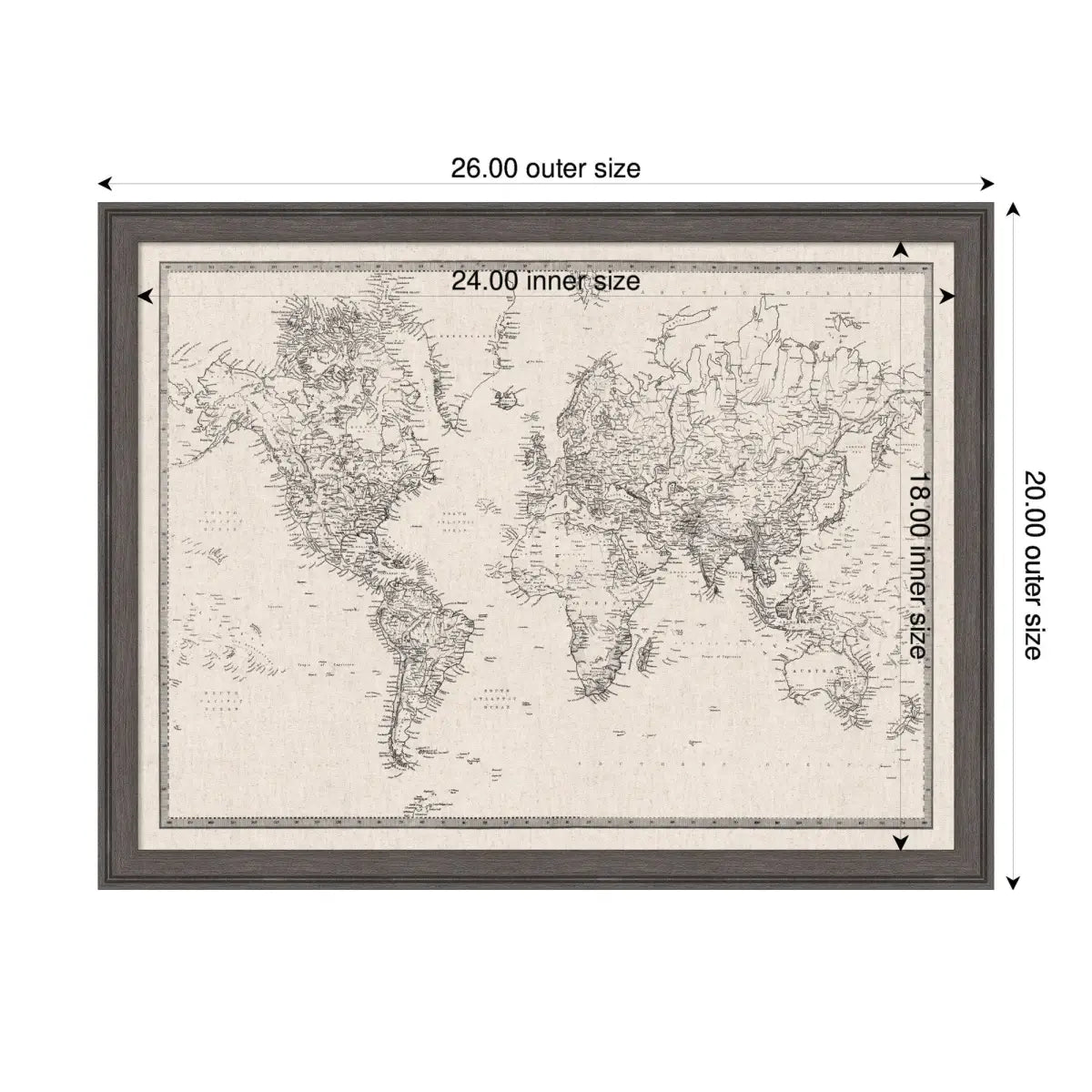 Bulletin Board - Framed Fabric Pinboard - Vintage Black and White Linen World Map - Wall Organization - kateandlaurel