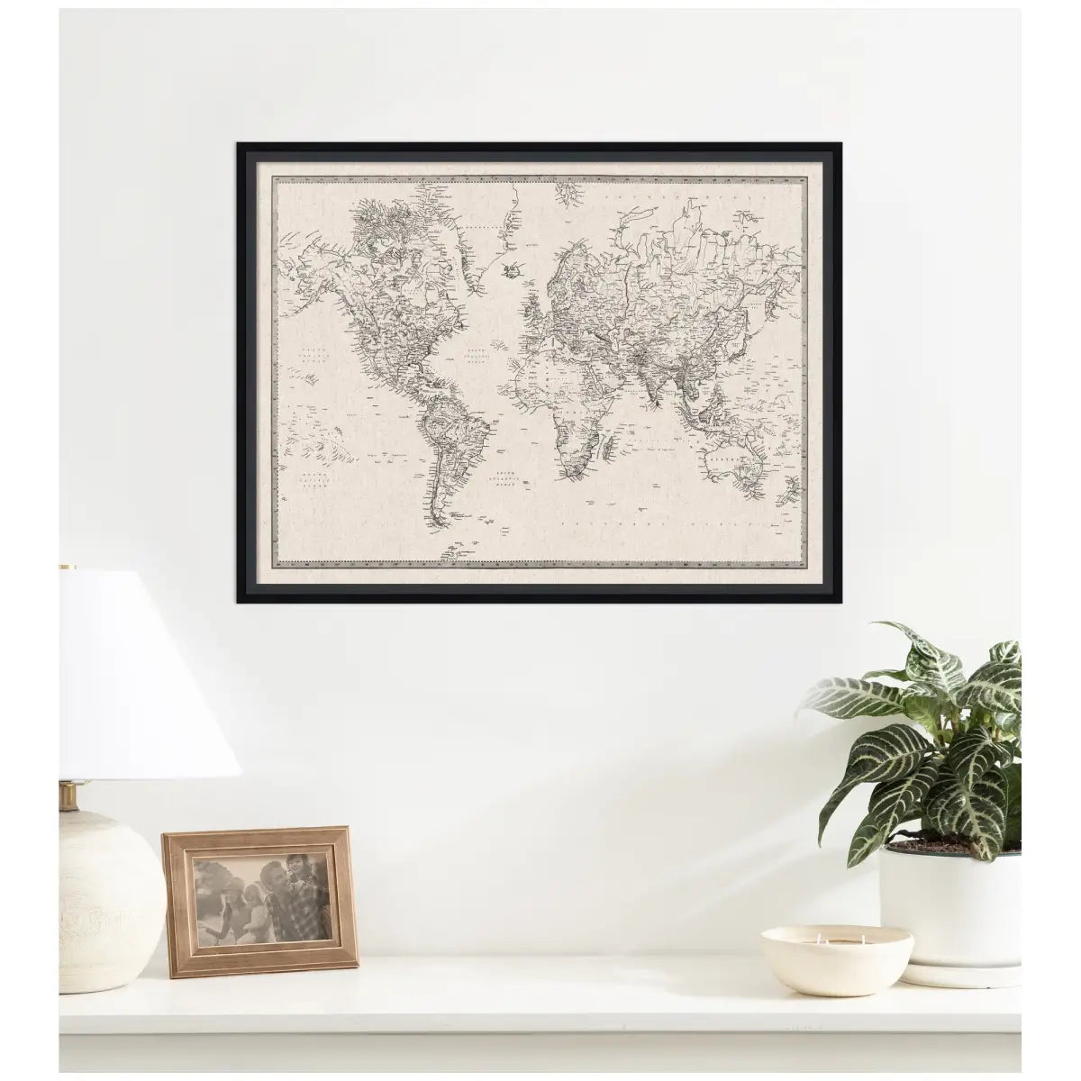Bulletin Board - Framed Fabric Pinboard - Vintage Black and White Linen World Map - Wall Organization - kateandlaurel