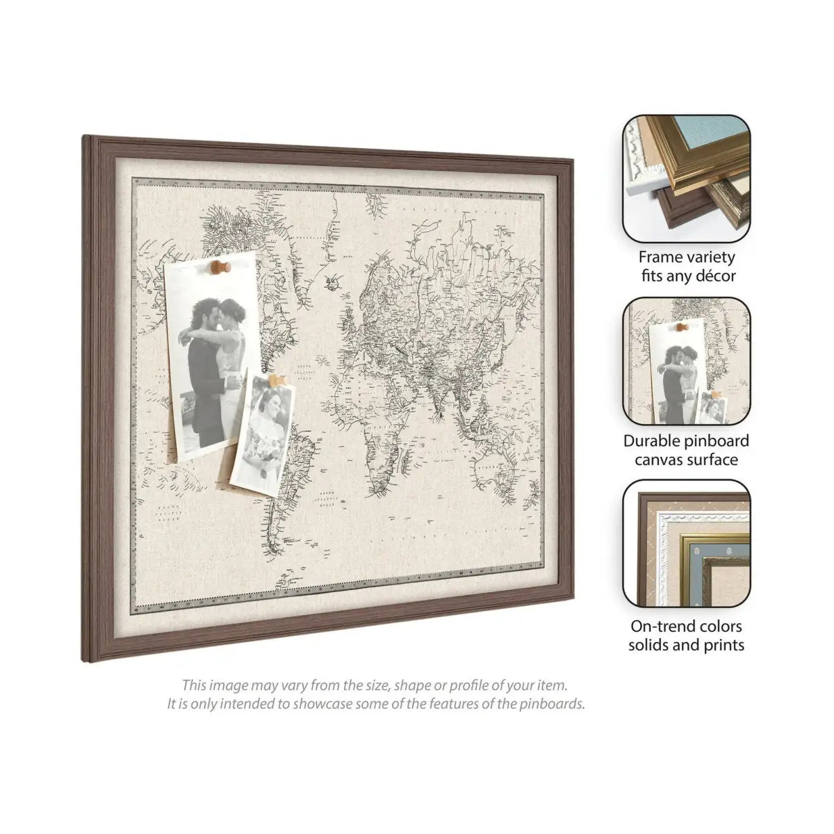 Bulletin Board - Framed Fabric Pinboard - Vintage Black and White Linen World Map - Wall Organization - kateandlaurel