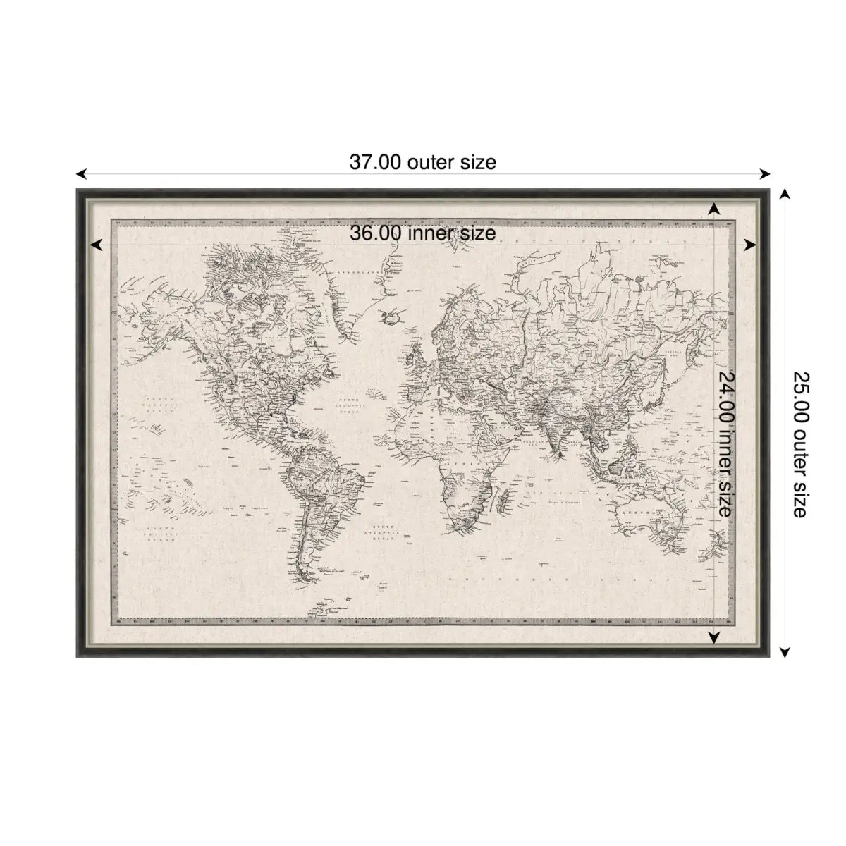 Bulletin Board - Framed Fabric Pinboard - Vintage Black and White Linen World Map - Wall Organization - kateandlaurel