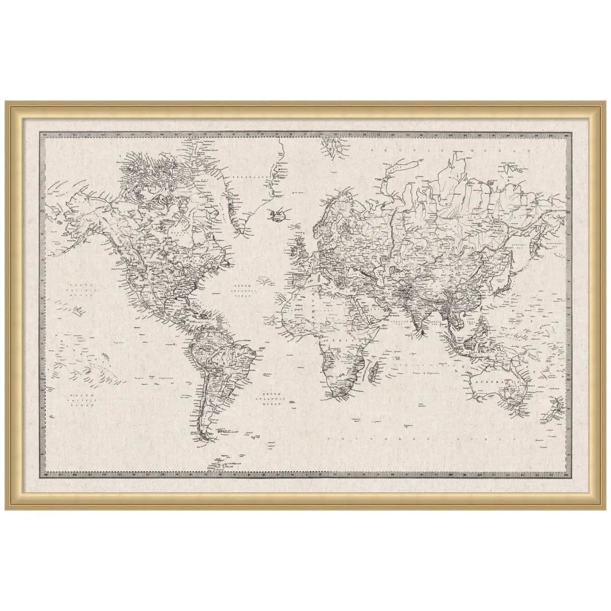 Bulletin Board - Framed Fabric Pinboard - Vintage Black and White Linen World Map - Wall Organization - Florence Gold