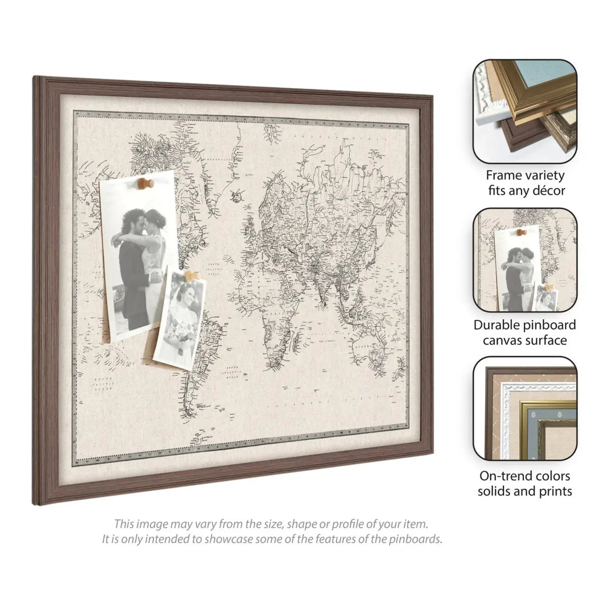 Bulletin Board - Framed Fabric Pinboard - Vintage Black and White Linen World Map - Wall Organization - kateandlaurel