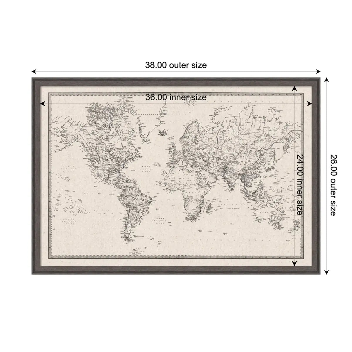 Bulletin Board - Framed Fabric Pinboard - Vintage Black and White Linen World Map - Wall Organization - kateandlaurel