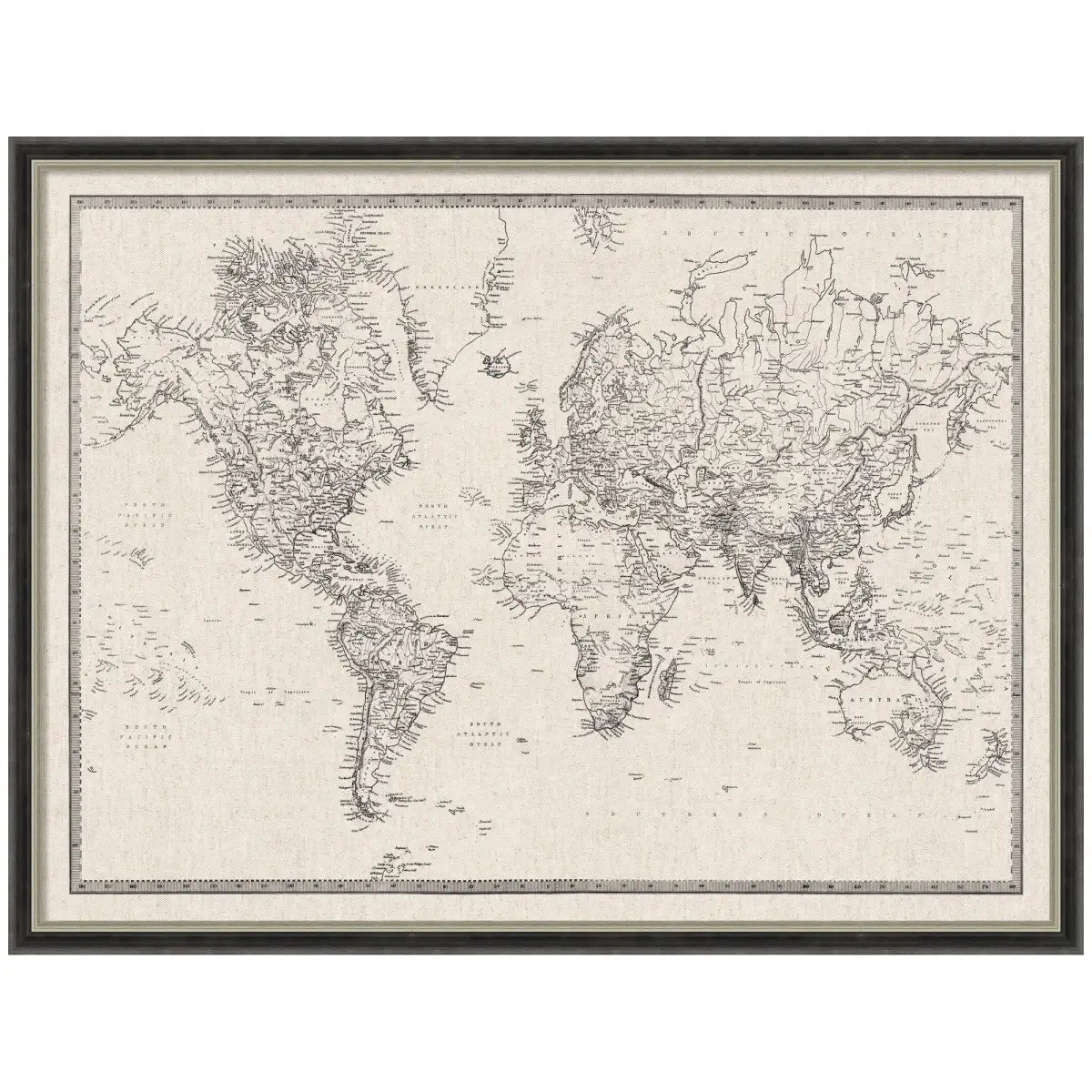 Bulletin Board - Framed Fabric Pinboard - Vintage Black and White Linen World Map - Wall Organization - Theo Black