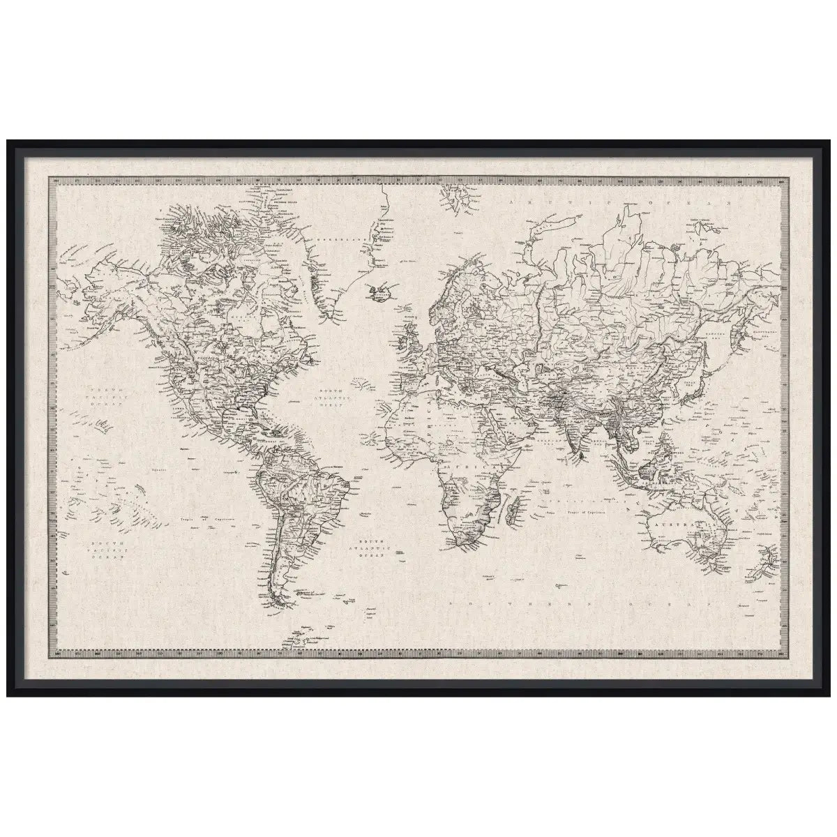 Bulletin Board - Framed Fabric Pinboard - Vintage Black and White Linen World Map - Wall Organization - Lucie Black