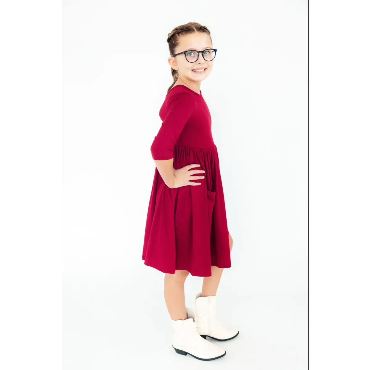 Burgundy 3/4 Sleeve Pocket Twirl Dress - Mila & Rose ®