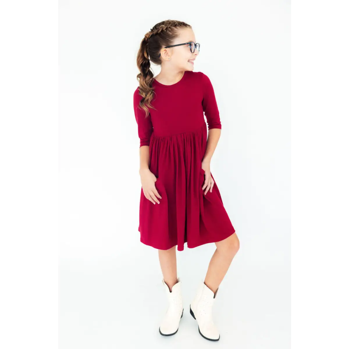 Burgundy 3/4 Sleeve Pocket Twirl Dress - Mila & Rose ®