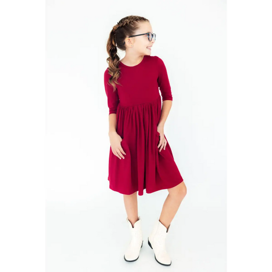 Burgundy 3/4 Sleeve Pocket Twirl Dress - Mila & Rose ®