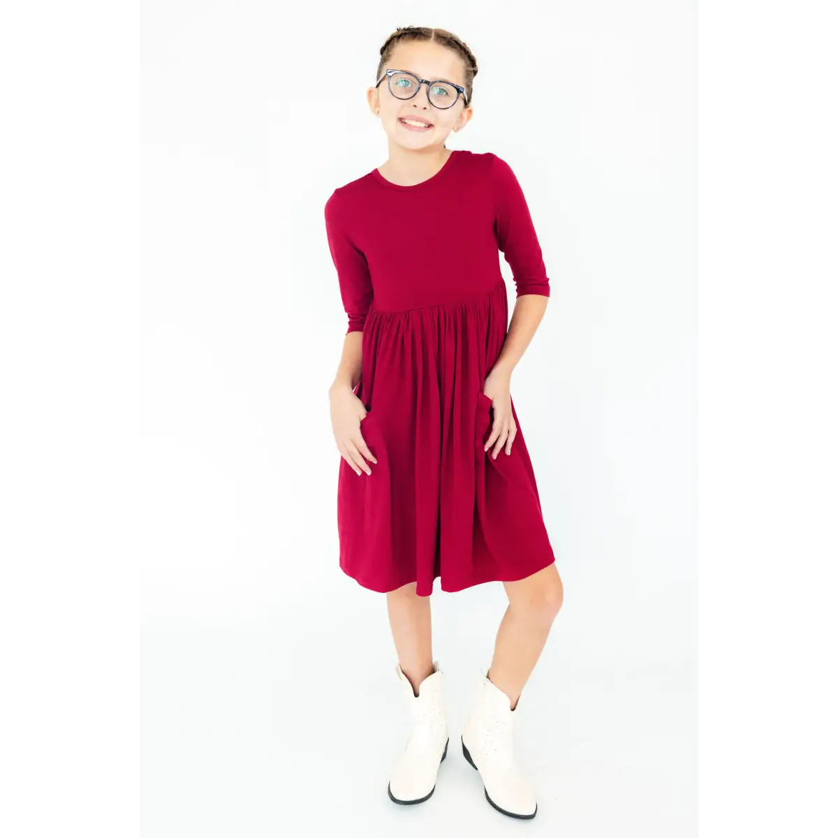 Burgundy 3/4 Sleeve Pocket Twirl Dress - Mila & Rose ®