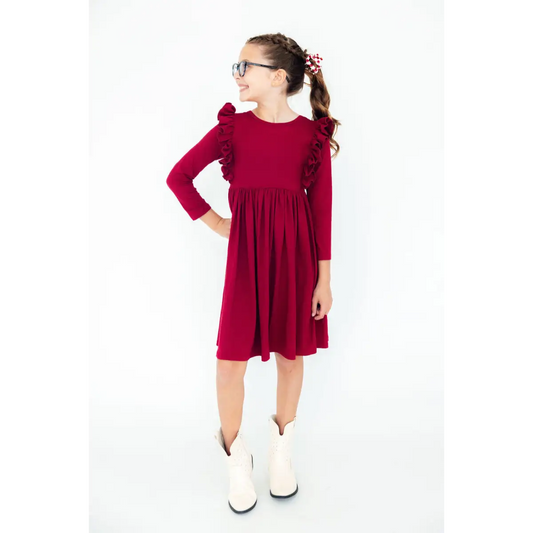 Burgundy L/S Ruffle Twirl Dress - Mila & Rose ®