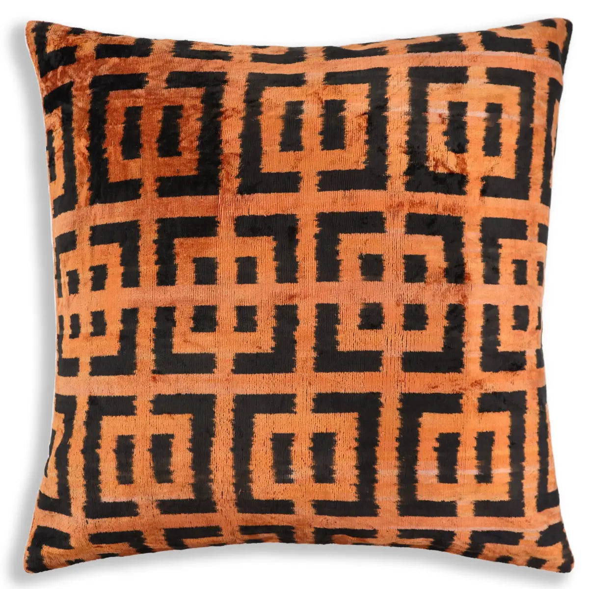 Burnt Orange Black Geometric Silk Velvet Pillow – 20x20 Handmade Luxury Cushion - Canvello