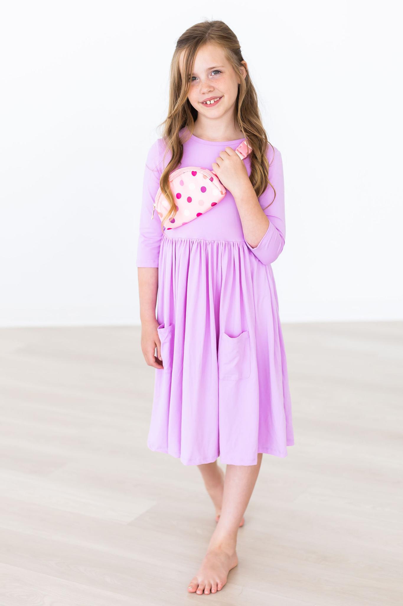 Bright Lilac 3/4 Sleeve Pocket Twirl Dress