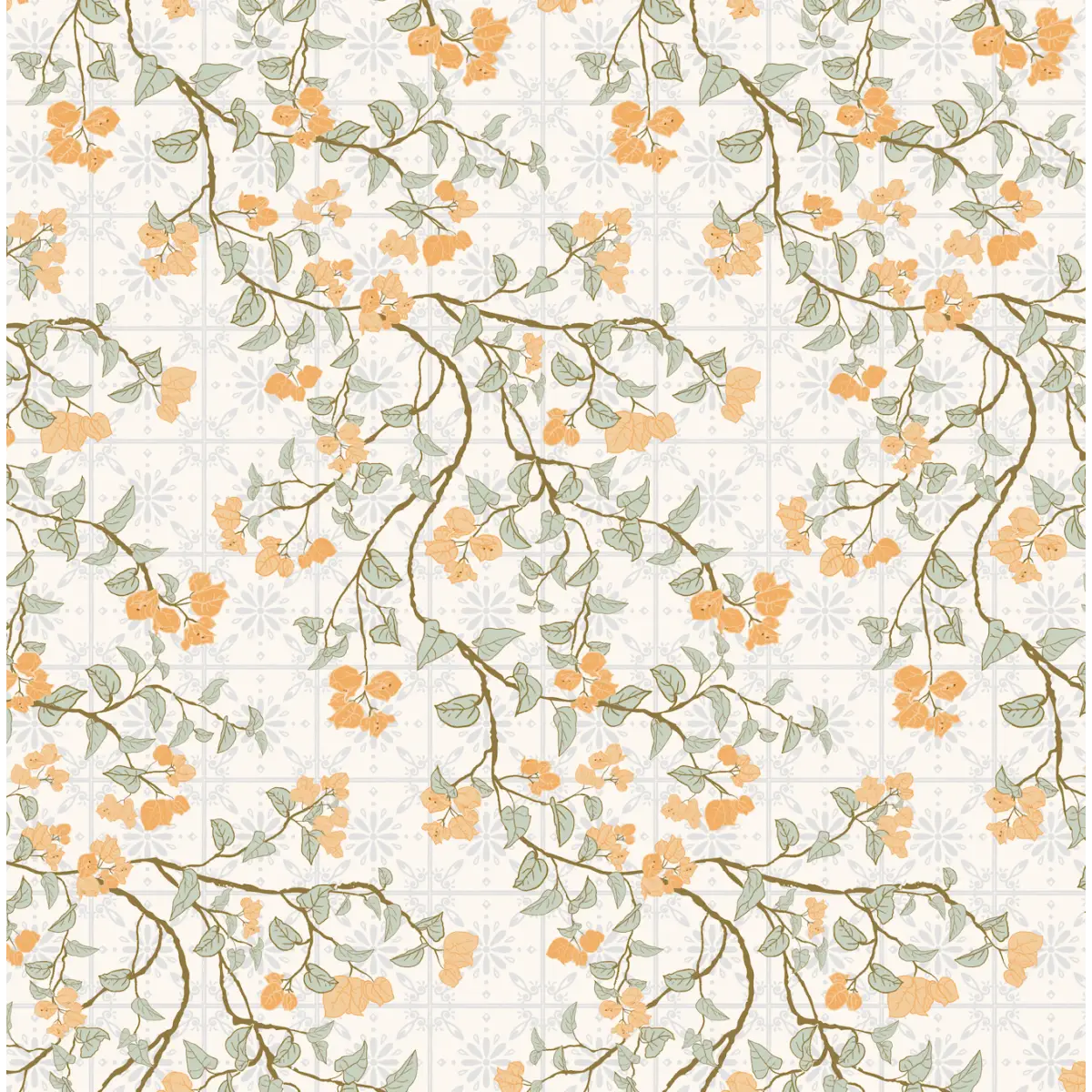 Calla Wallpaper - Vines and Tiles - by The Bright Leaf Design - Sample 1 foot by 1 foot / Cream - Loomwell Home Goods