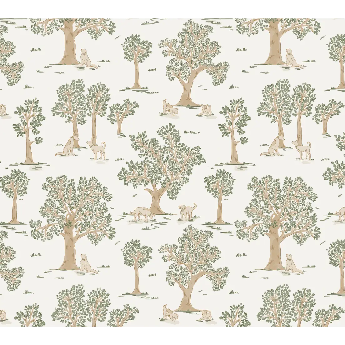 Camden Wallpaper - Trees and Dogs - by Beeky Illustration - Sample 1 foot by 1 foot / Cream and Green - Loomwell Home