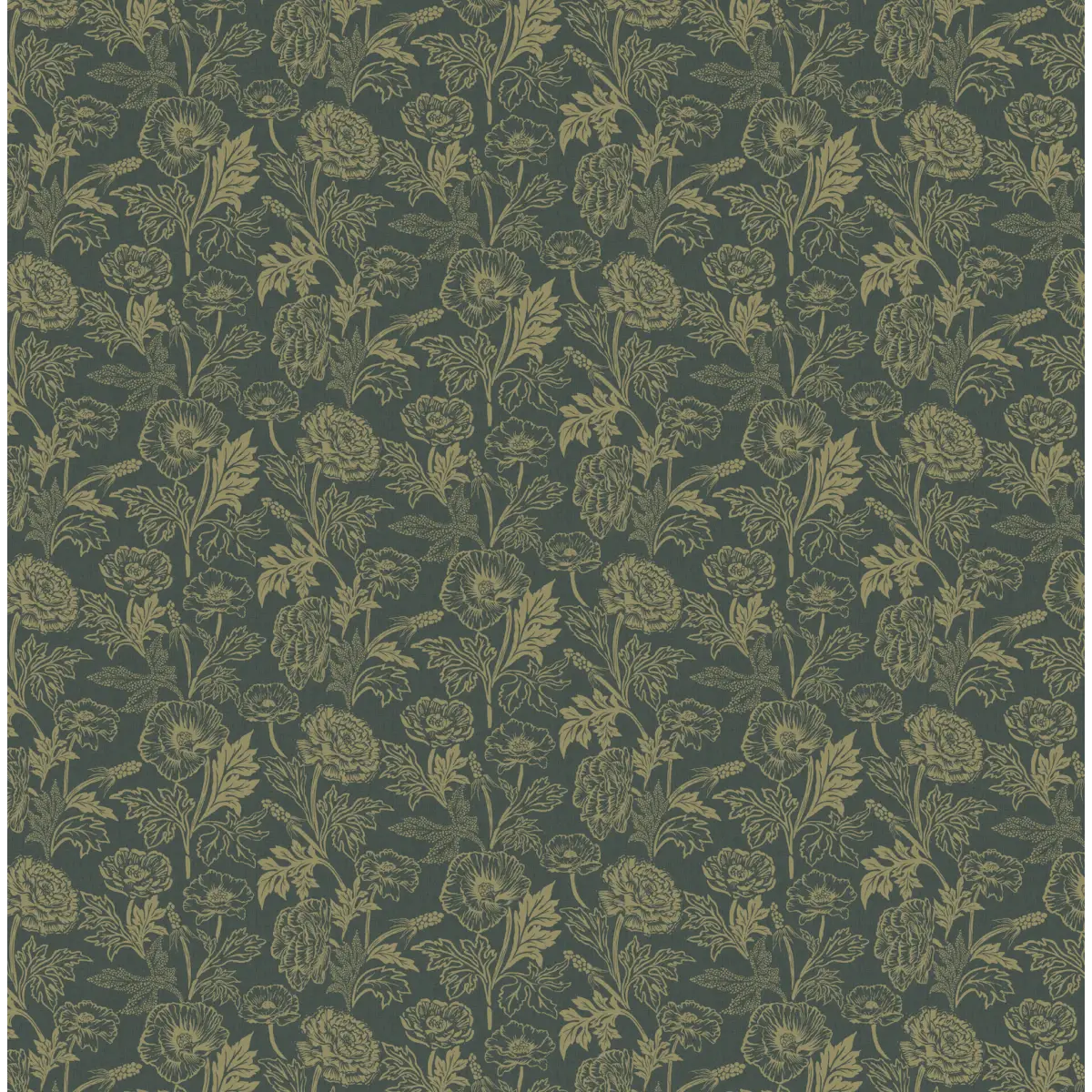 Camila Wallpaper - Poppies - by Yorkville Studio - Sample 1 foot by 1 foot / Dark Green - Loomwell Home Goods