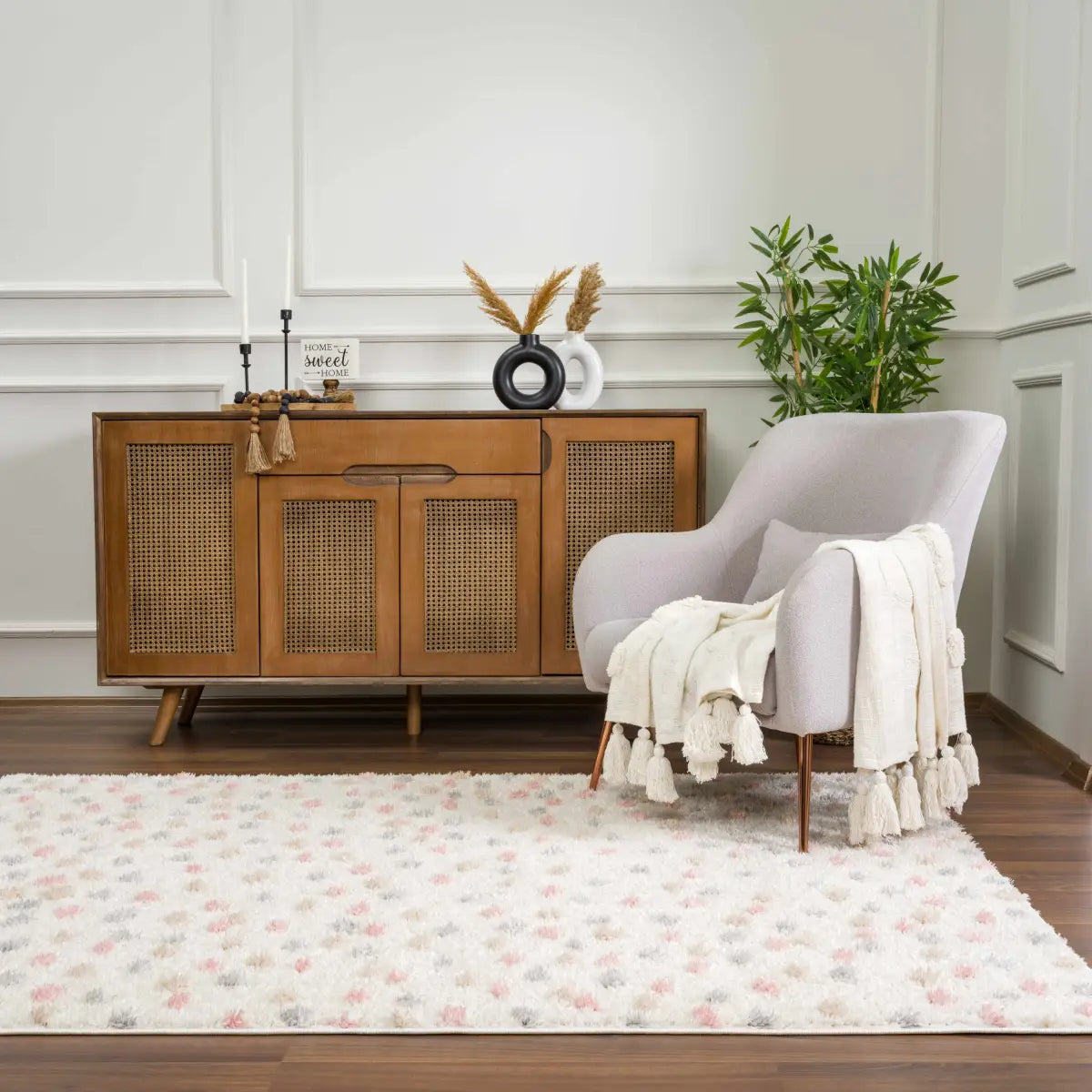 Cansu Pink & Cream Dotted Area Rug - Boutique Rugs