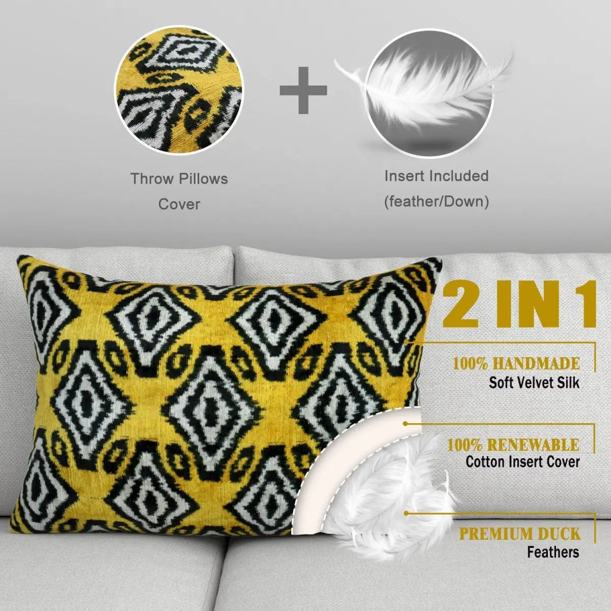 Canvello Black And Yellow Throw Pillows For Couch with Down Insert - 16x24 - Canvello