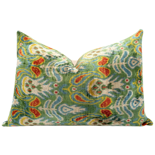 Canvello Exquisite 16x24 in Handmade Ikat Silk Velvet Pillow with Premium Down Feather Insert – Vibrant Vegetable Dyed