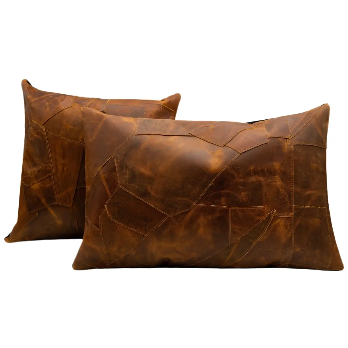 Canvello Genuine Cowhide Leather Decorative Throw Pillows - Handmade Patchwork Boho Accent Pillows For Sofa Couch Bed