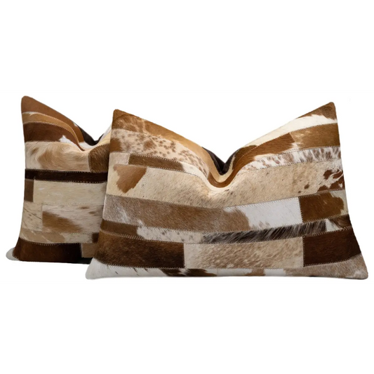 Canvello Genuine Cowhide Leather Decorative Throw Pillows - Handmade Patchwork Boho Accent Pillows For Sofa Couch Bed