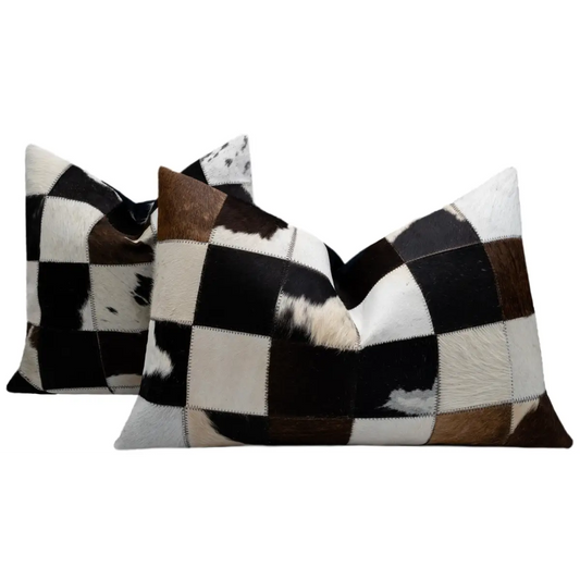 Canvello Genuine Cowhide Leather Decorative Throw Pillows - Handmade Patchwork Boho Accent Pillows For Sofa Couch Bed