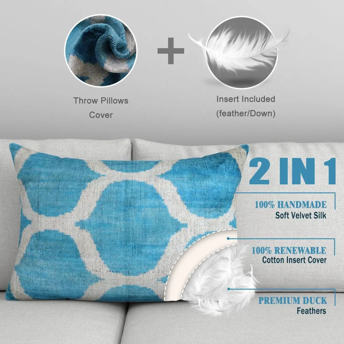 Canvello Handmade Blue Velvet Lumbar Pillow For Sofa - 16x24 - Canvello