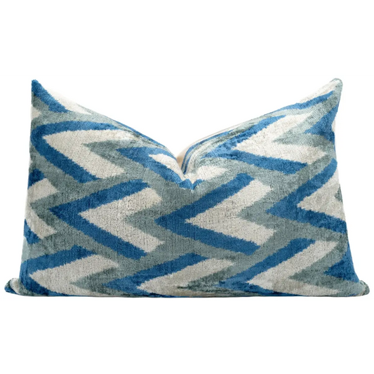 Canvello Handmade Chevron Velvet Throw Pillow in Blue and Grey - Ideal for Modern and Coastal Decor - 24x16 - Canvello