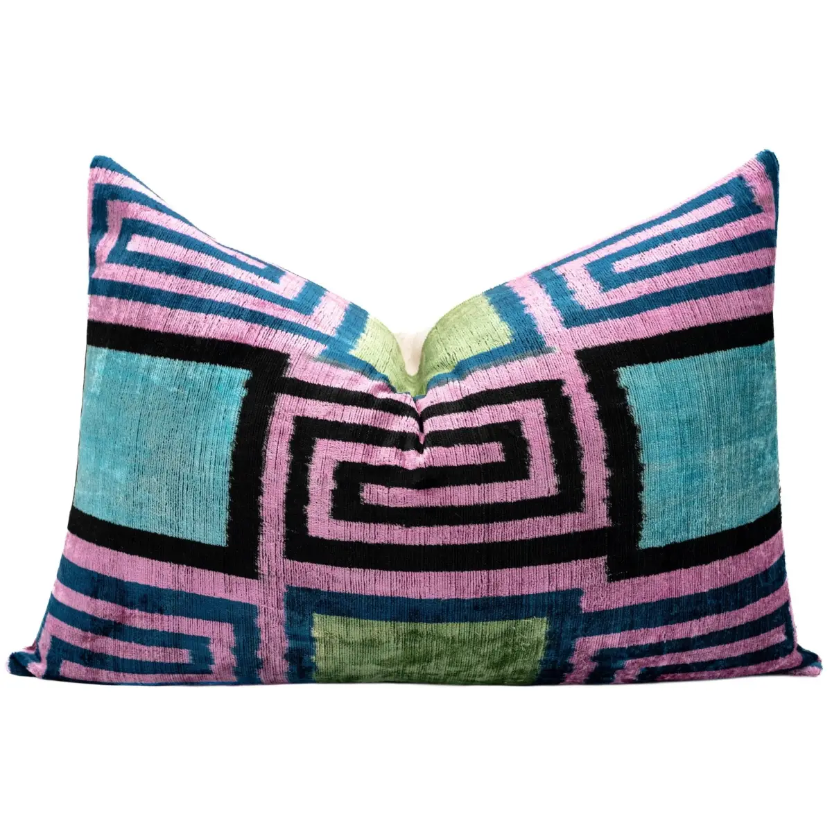 Canvello Handmade Geometric Velvet Throw Pillow with Vibrant Pink Blue Green - Perfect for Modern Interiors - 16x24