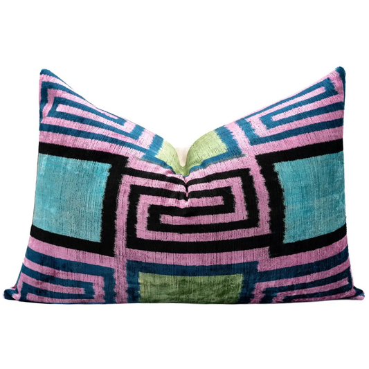 Canvello Handmade Geometric Velvet Throw Pillow with Vibrant Pink Blue Green - Perfect for Modern Interiors - 16x24