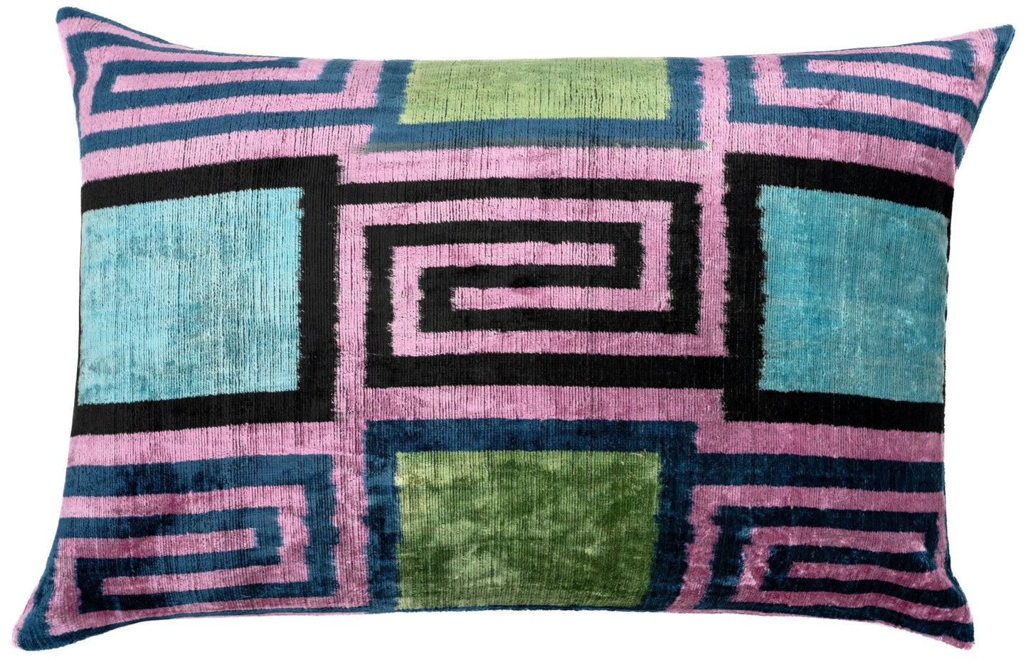 Almohada de terciopelo geométrica hecha a mano Canvello con vibrantes tonos rosa, azul y verde: perfecta para interiores modernos, 16 x 24 pulgadas