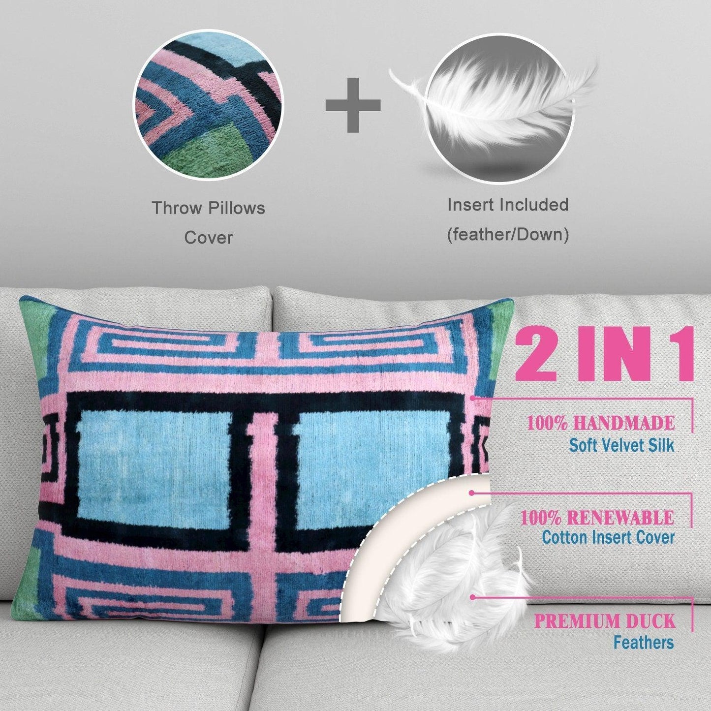 Almohada de terciopelo geométrica hecha a mano Canvello con vibrantes tonos rosa, azul y verde: perfecta para interiores modernos, 16 x 24 pulgadas