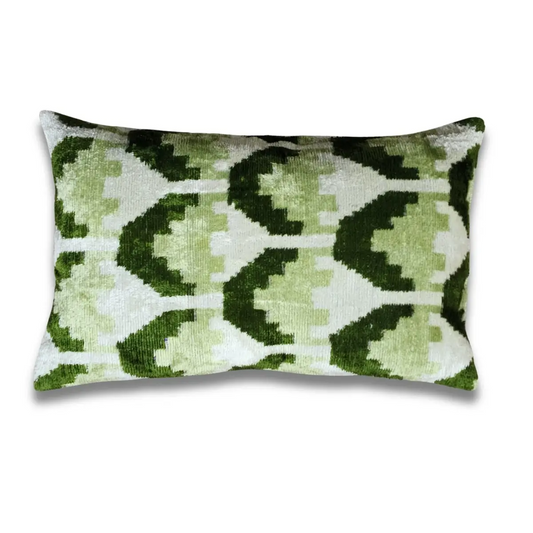 Canvello Handmade Green Geometric Silk Velvet Ikat pillow - 11’’X15’’ - Canvello