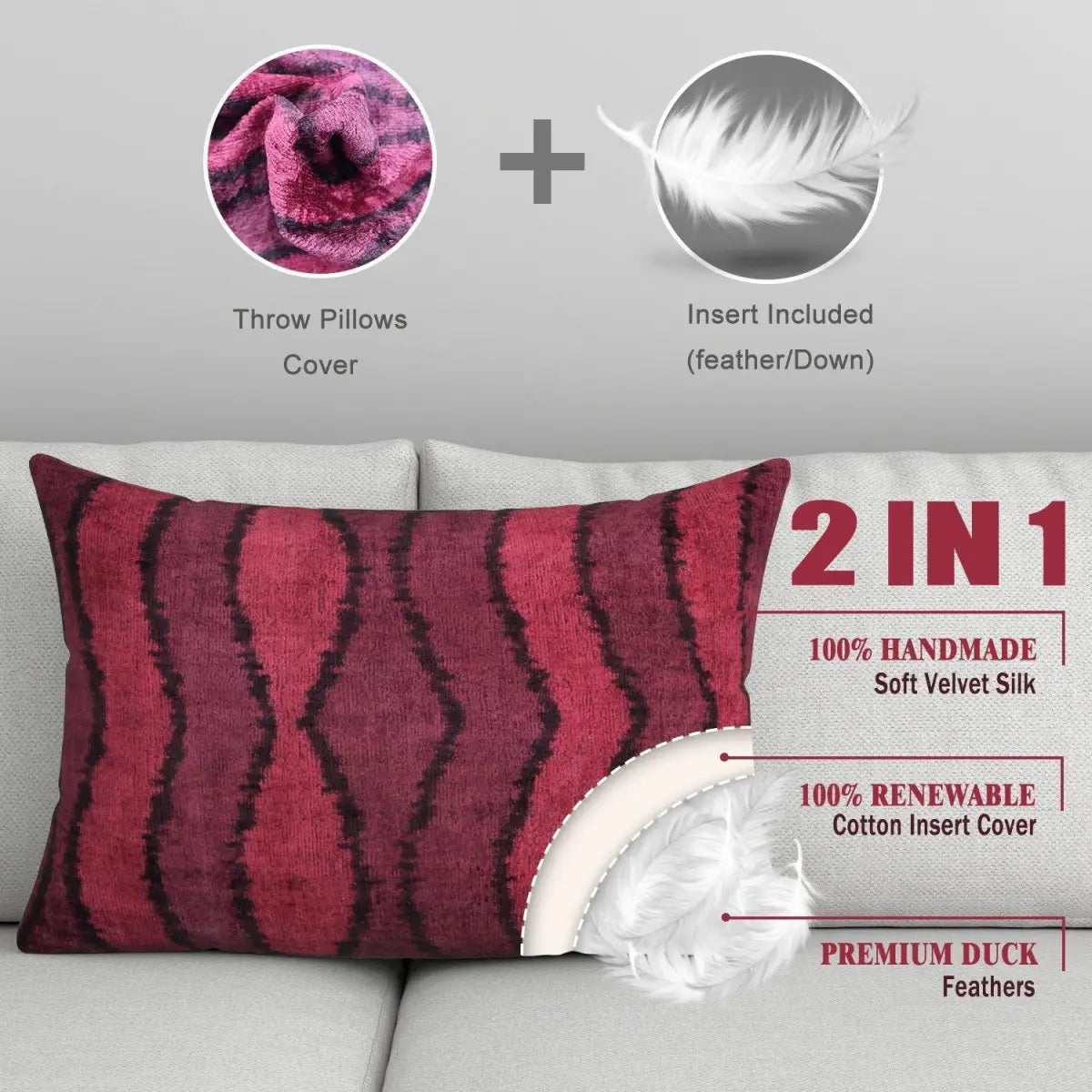 Canvello Handmade Luxury Pink Throw Pillow with Down Insert - 16x24 - Canvello