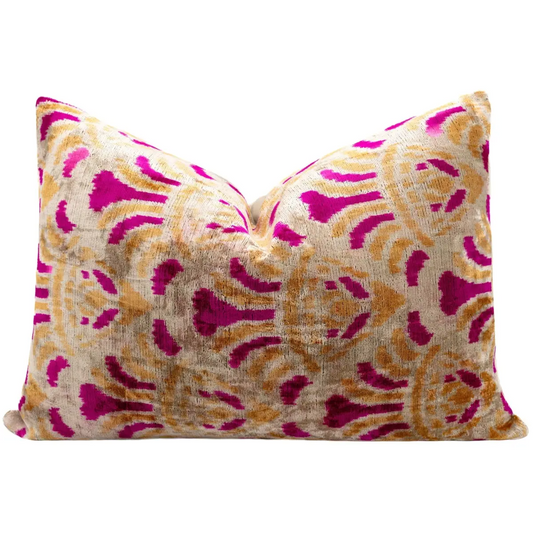 Canvello Handmade Pink and Gold Abstract Design Throw Pillow - 16x24 inch Silk Velvet Vegetable Dyed with Premium Down